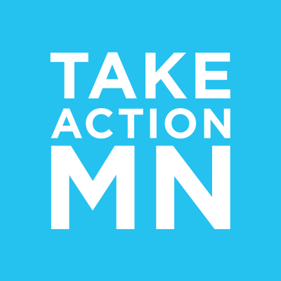 Logo image, White text on a sky blue square background. Take Action Minnesota