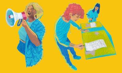 Brightly colored illustration of a person holding a megaphone alongside a person standing at a table filling out a voting ballot.