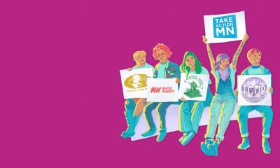 Illustration of five people sitting on a lavender geometric shape, each holding a sign for TakeAction or one of its teams, against a hot pink background