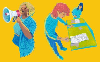 Brightly colored illustration of a person holding a megaphone alongside a person standing at a table filling out a voting ballot.