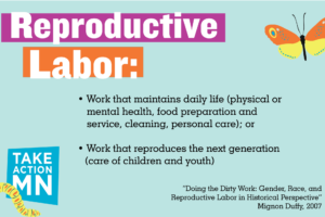 Reproductive Labor, as defined by Mignon Duffy in “Doing the Dirty Work: Gender, Race, and Reproductive Labor in Historical Perspective” (2007): • Work that maintains daily life (physical or mental health, food preparation and service, cleaning, personal care) or • Work that reproduces the next generation (care of children and youth)