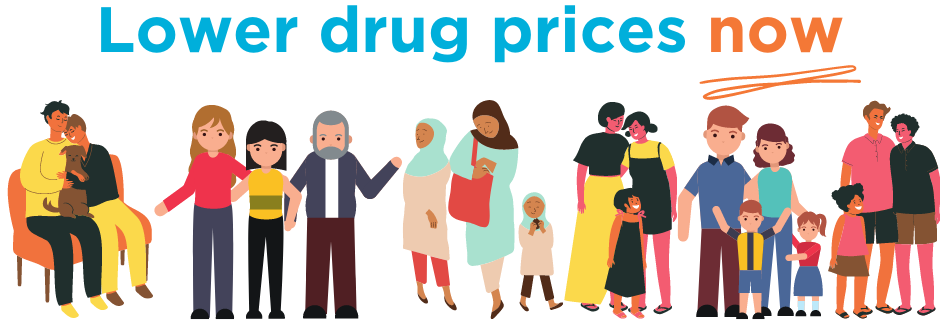 An illustration of a multiracial, multigenerational group of people with the text "Lower drug prices now."