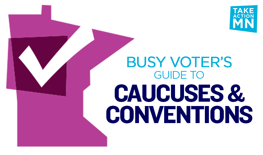 A pink silhouette of the state of Minnesota with a white checkmark. Text says "Busy Voter's Guide to Caucuses & Conventions."