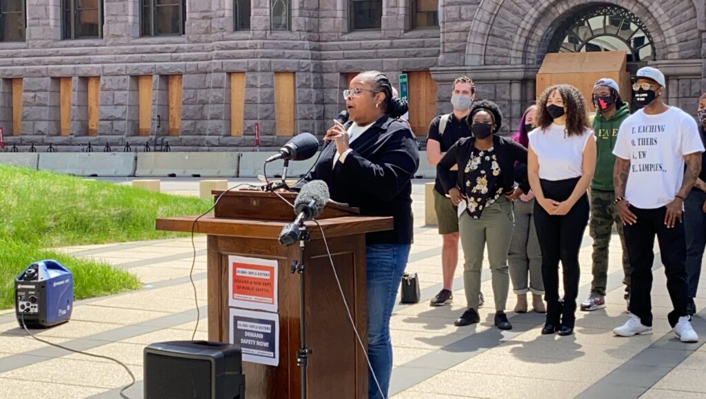 Yolanda Roth speaks at the Yes 4 Minneapolis petition filing and press conference on Friday, April 30, 2021