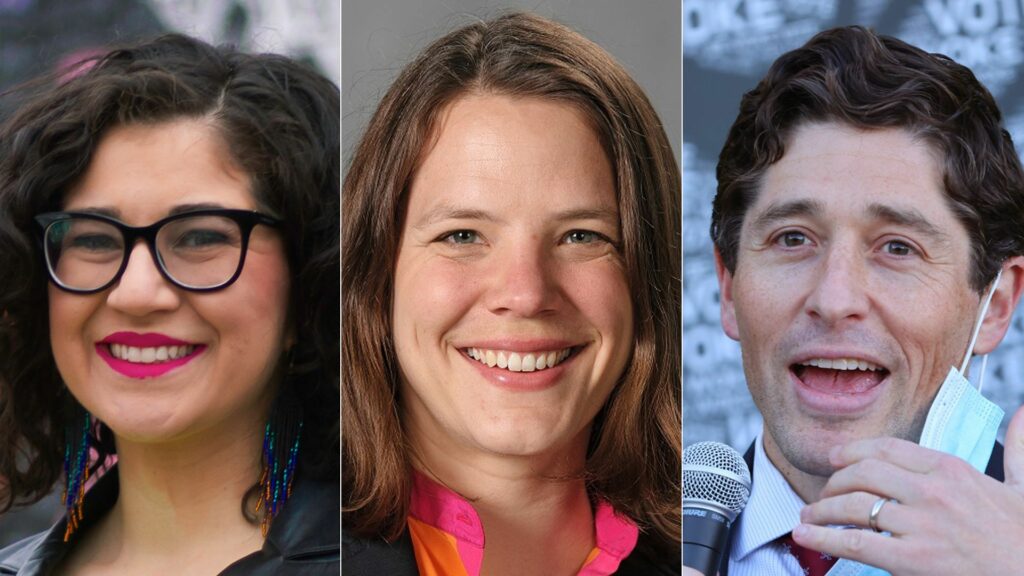 Sheila Nezhad (left) and Kate Knuth (center) are challenging Minneapolis Mayor Jacob Frey. Photos courtesy of Nezhad and Knuth campaigns; Adam Bettcher/Getty Images