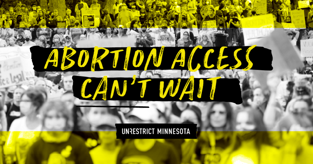 People march for abortion access with text that reads "abortion access can't wait."