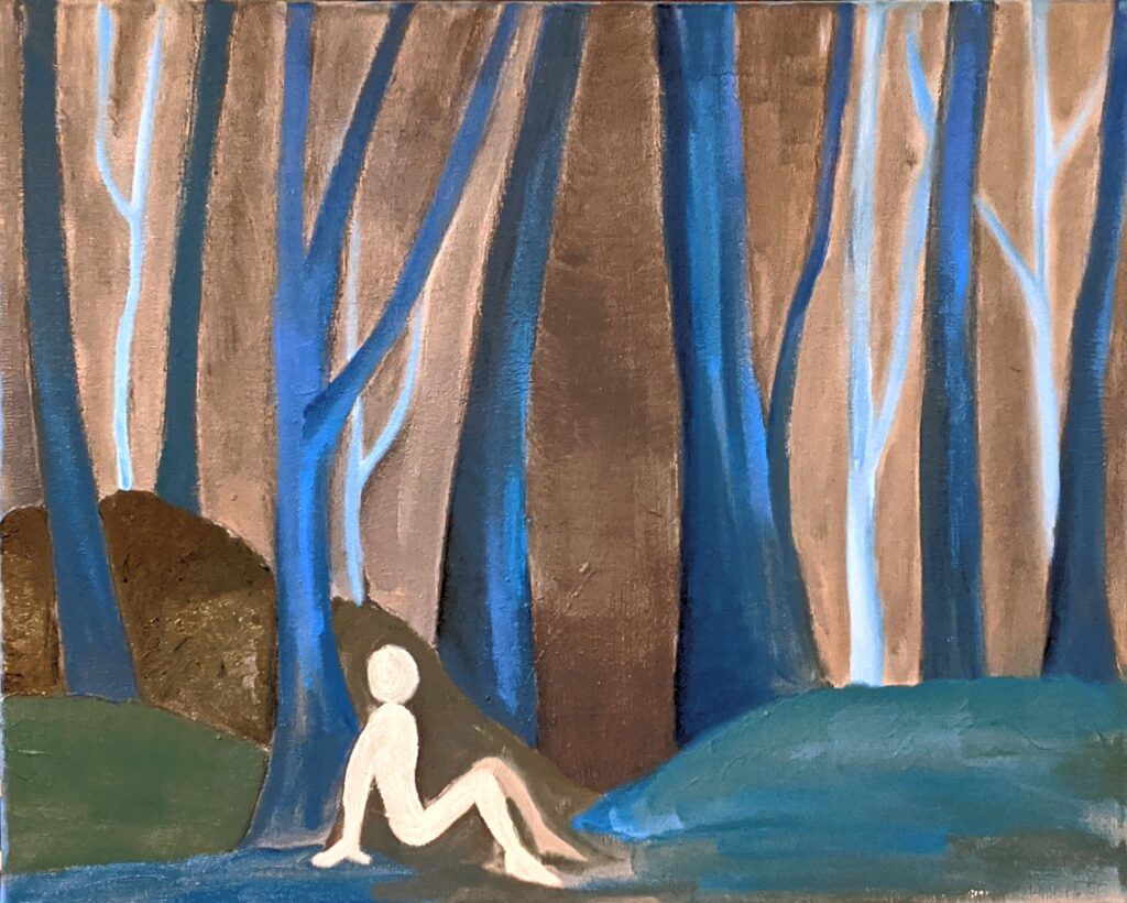 Human figure alone on a forest floor