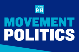 Graphic: "Movement Politics" in light blue and white, with the TakeAction logo, on a dark blue background