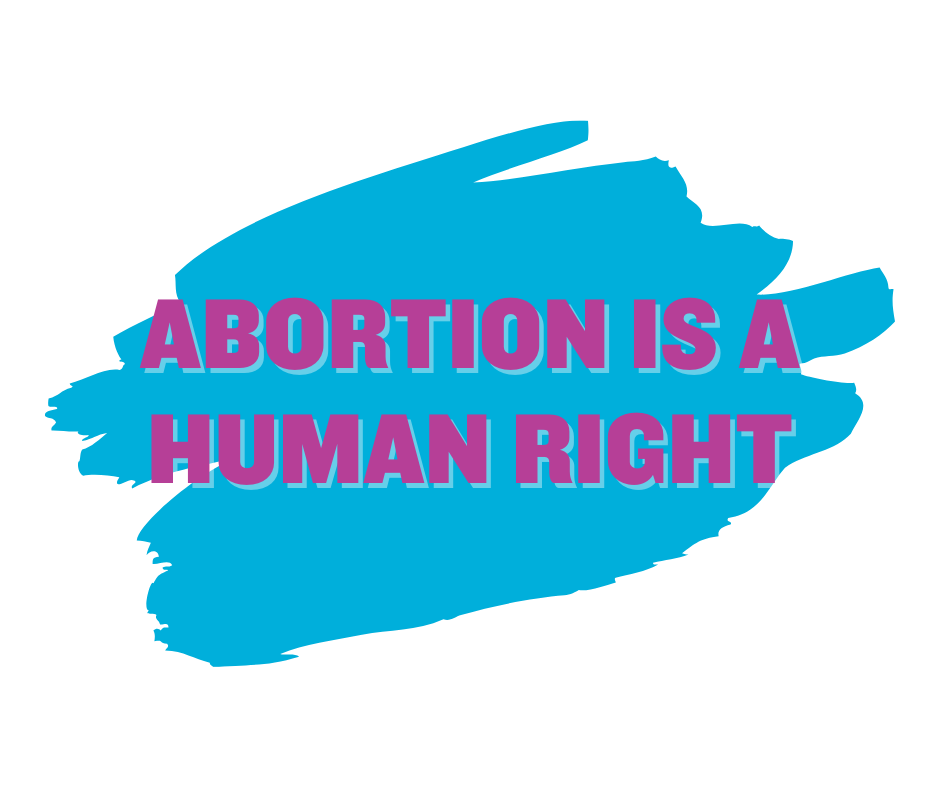 Pink text on blue and white background: "Abortion is a human right."