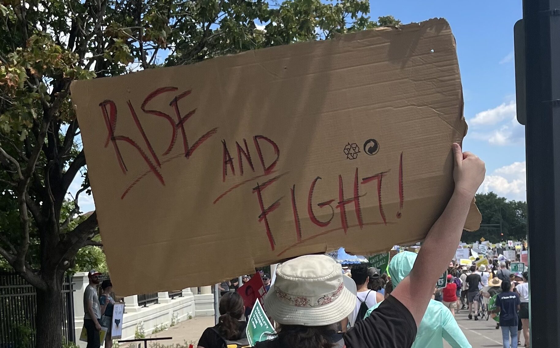 Photo from July 17, 2022 March for Abortion Access in St. Paul, MN: The back of a person holding a cardboard sign which says "RISE AND FIGHT!" in red marker. Marchers can be seen in the background.