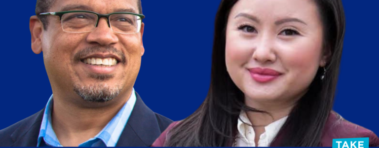 Graphic image: Dark blue background with photos of Keith Ellison and Mai Chong Xiong. Text below photos says "Keith Ellison for Attorney General, Mai Chong Xiong for Ramsey County Attorney" with the TakeAction Minnesota logo.