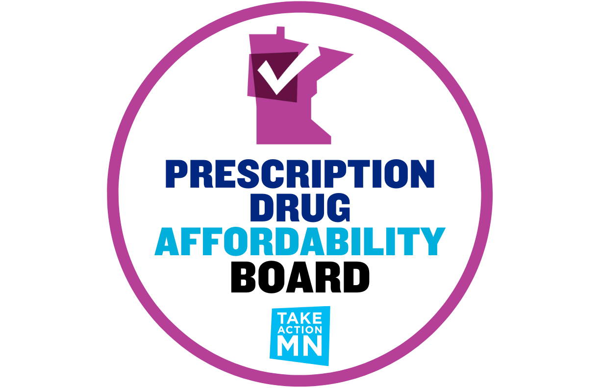 Pink and blue text on a white background, with a graphic silhouette of the State of Minnesota and the TakeAction Minnesota logo. "Prescription Drug Affordability Board"