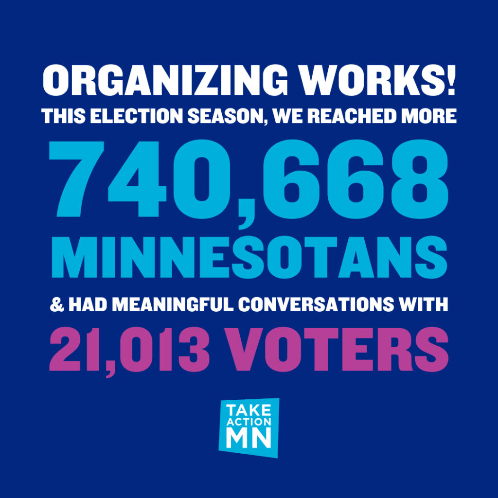 graphic that says: "Organizing works! This election season, we reached 740,668 Minnesotans and had meaningful conversations with 21,013 voters"